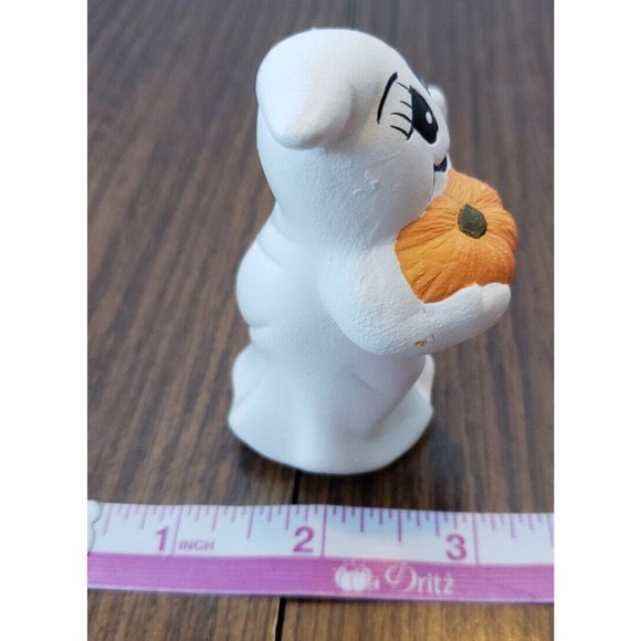Halloween Small Ceramic 4 inch Smiling Ghost With Pumpkin Figure - Picture 7 of 7